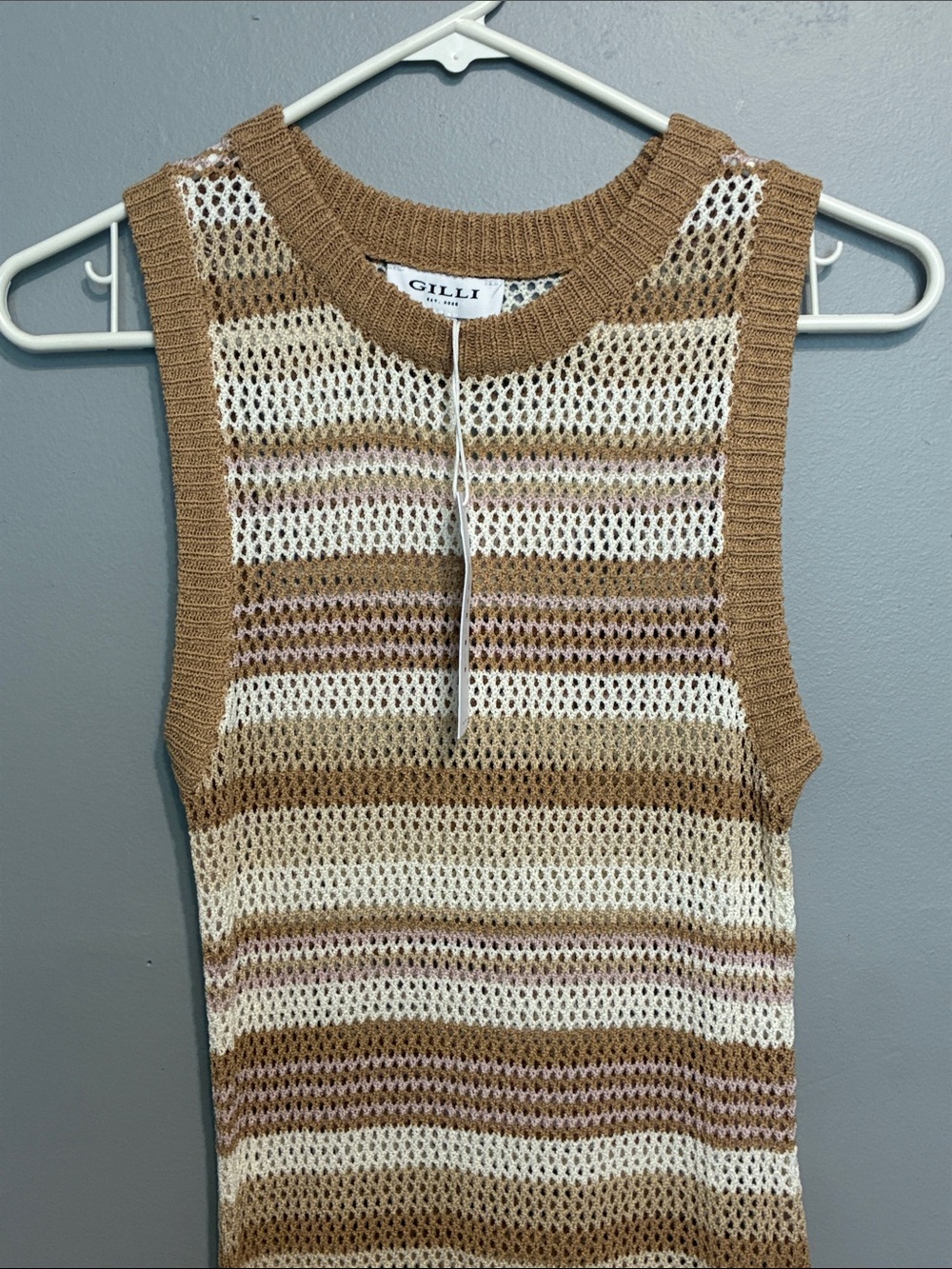 Gilli Open-Knit Striped Tank in Tan, Cream & Pink